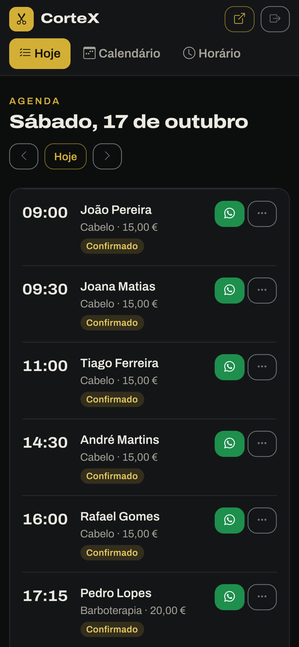 Agenda do dia de um barbeiro no CorteX, só com as marcações dele e botões de WhatsApp