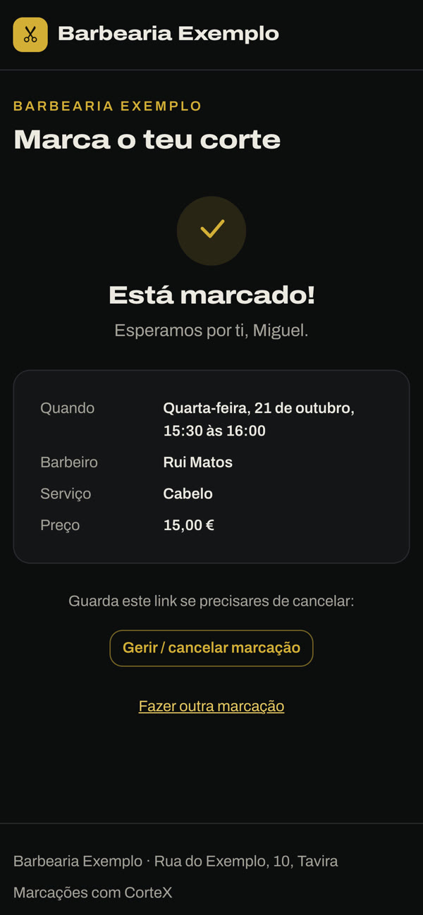 Ecrã de confirmação do CorteX: está marcado, com dia, hora, barbeiro e preço